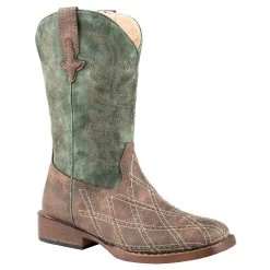 Roper Footwear Kids Brown Vamp Checkered Stitching Green Shaft Boot