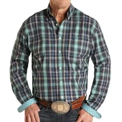 Panhandle Men's Roughstock Turquoise Plaid Buttondown